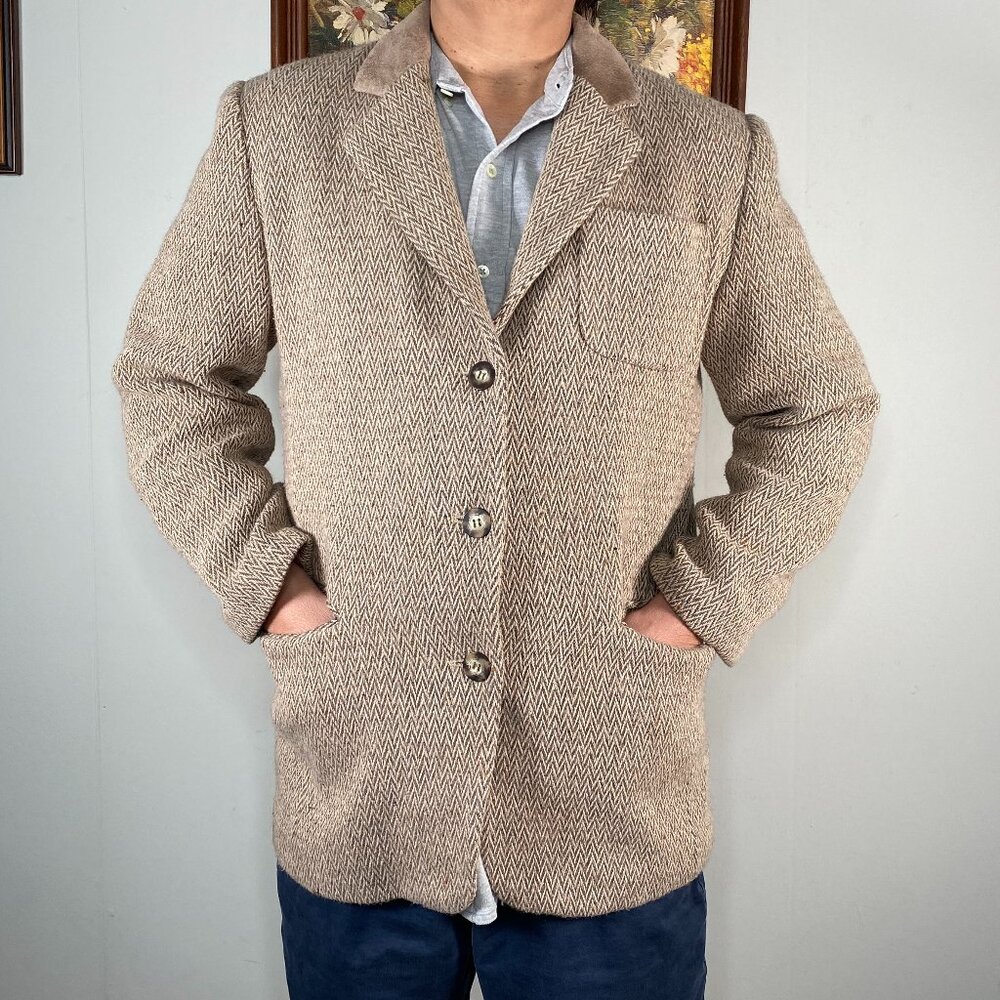 Vintage JLC Wool Blend Three Button Blazer Top Men's Large Beige Chevron VTG